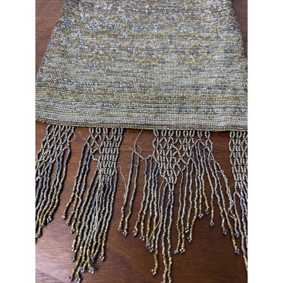 Vintage Bead Bag Carved Metal Frame Purse Silver Fringe Art Deco Handbag Antique - Picture 2 of 10